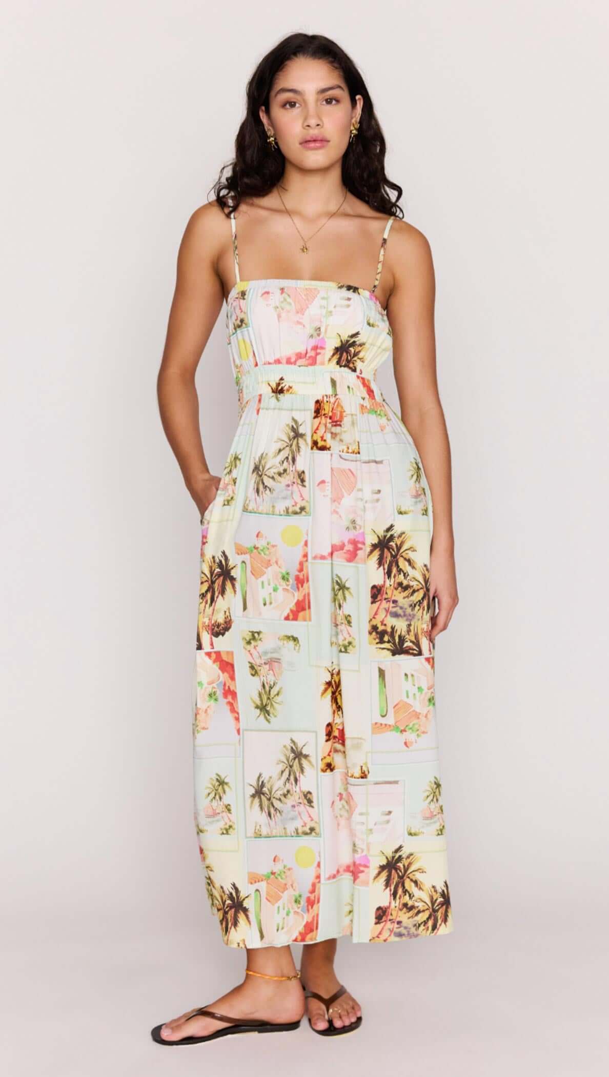 Vintage Postcard Print Midi Sundress