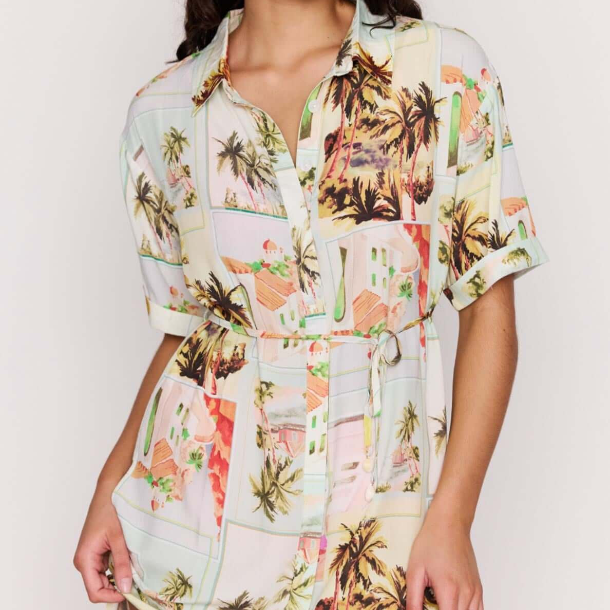 Vintage Postcard Print Mini Shirtdress