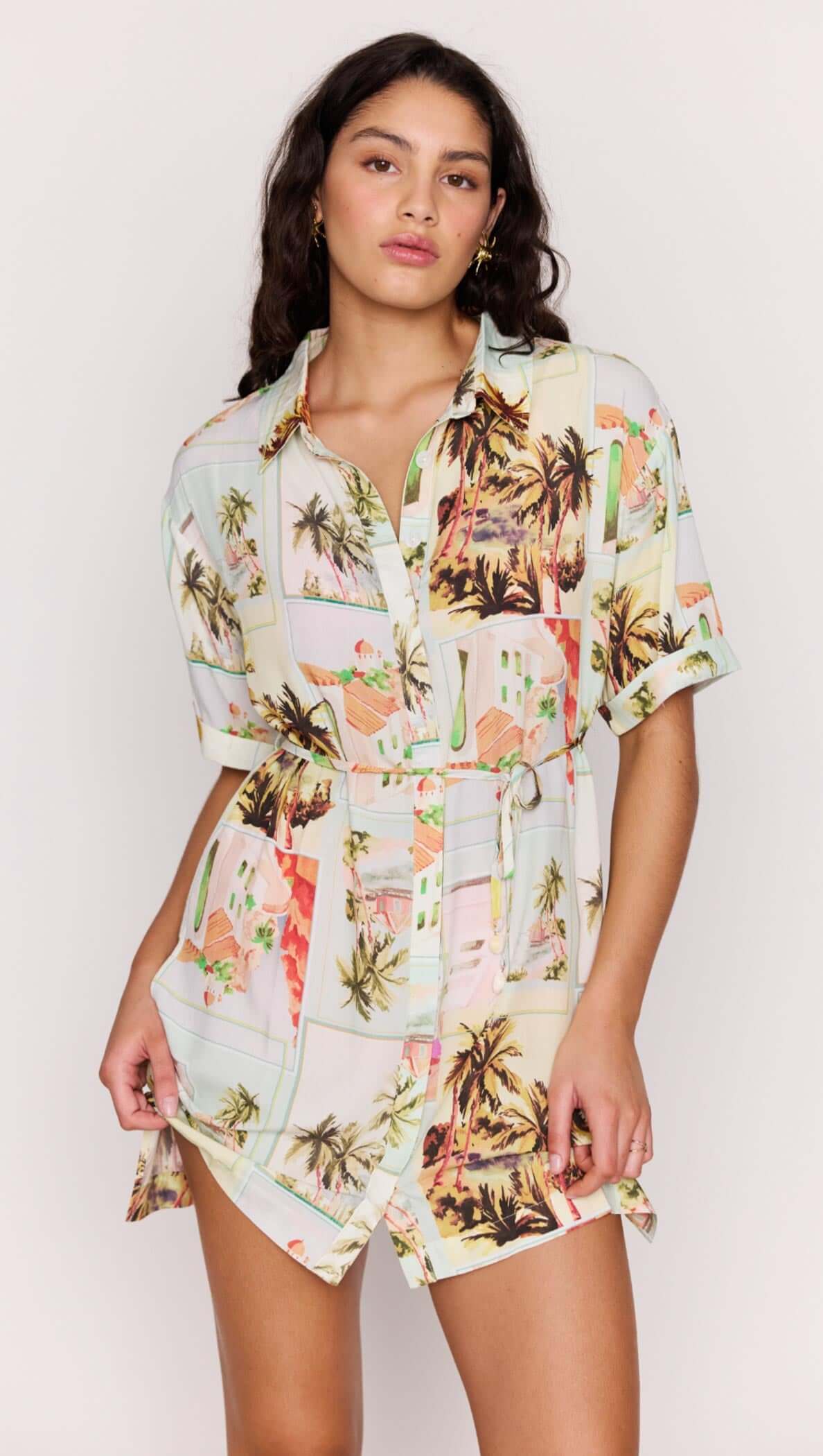 Vintage Postcard Print Mini Shirtdress