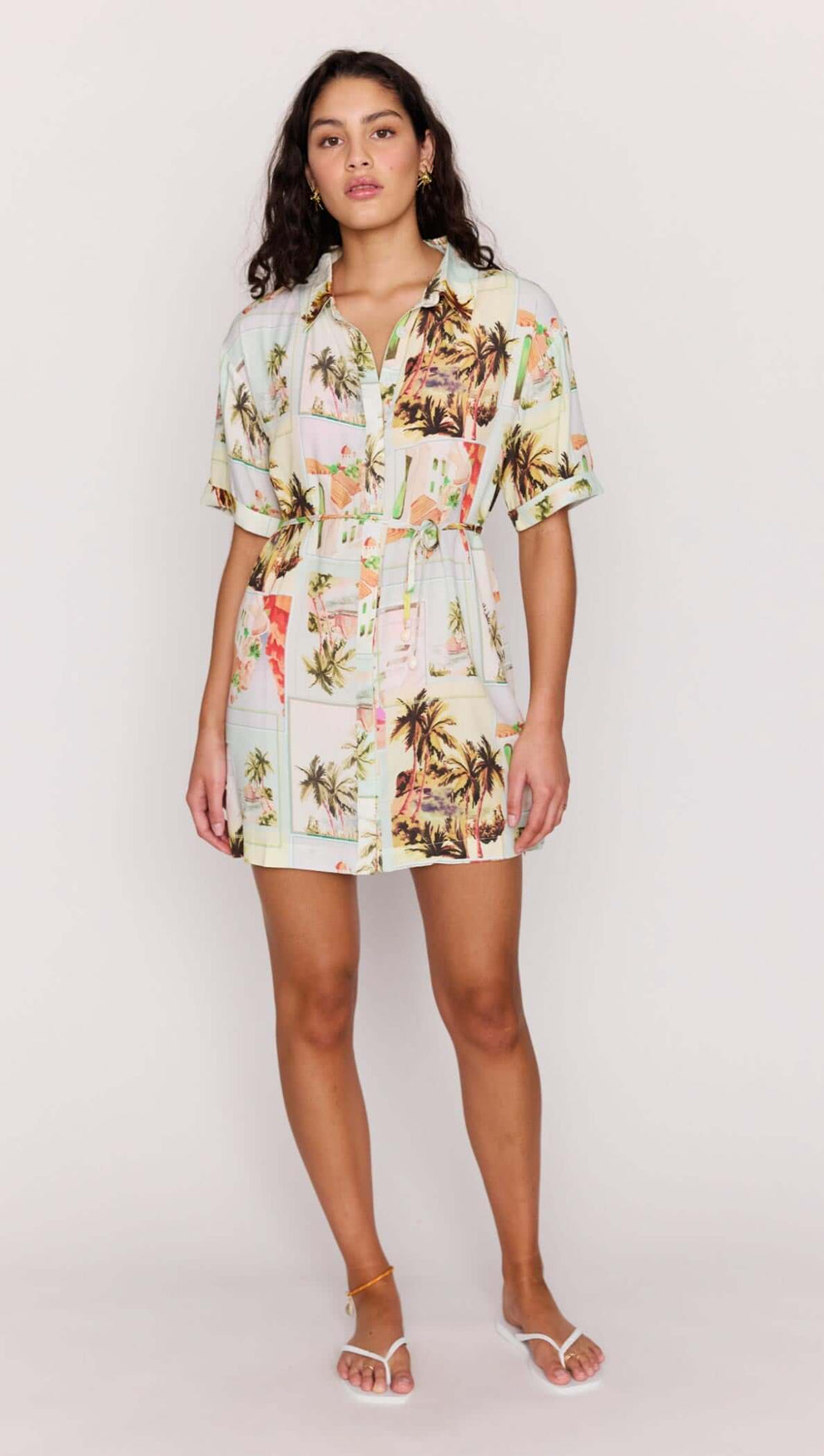 Vintage Postcard Print Mini Shirtdress