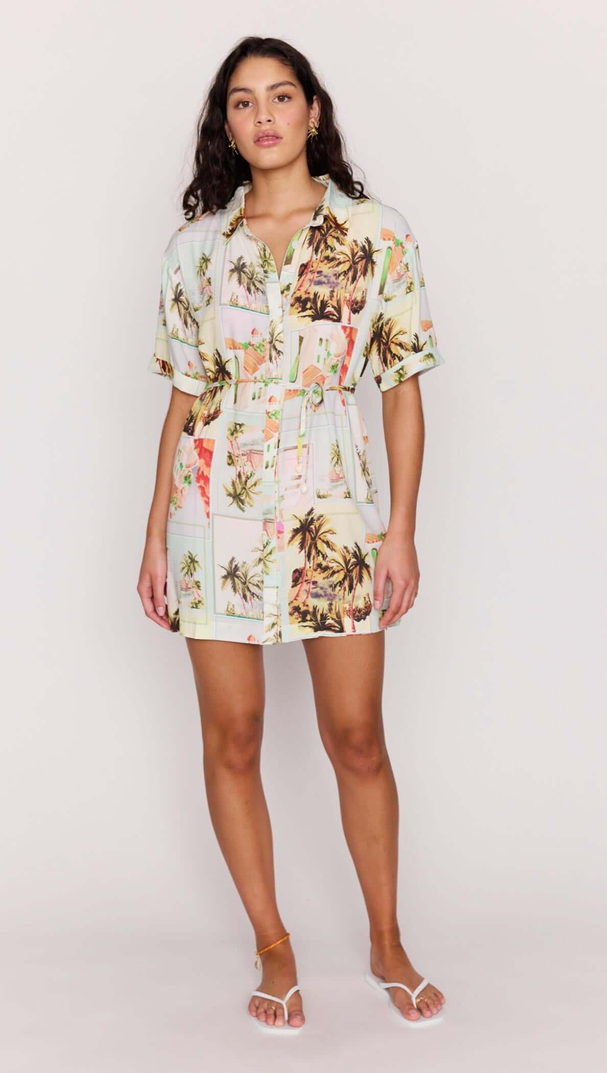 Vintage Postcard Print Mini Shirtdress