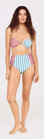 Model wearing a Contrast Stripe High Waisted Bikini Bottom with colorful stripes and a stylish bandeau top.