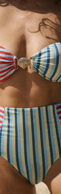 Contrast Stripe High Waisted Bikini Bottom featuring a stylish striped design and high waist for a flattering fit.