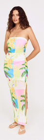 Model wearing a Palm Print Mesh Strapless Midi Dress with vibrant colors and a tropical print.