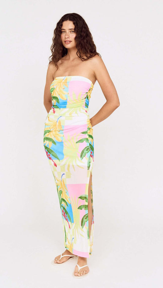 Model wearing a Palm Print Mesh Strapless Midi Dress with vibrant colors and a tropical print.
