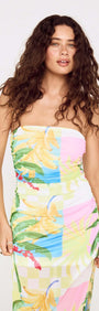 Model wearing a Palm Print Mesh Strapless Midi Dress with vibrant colors and a fitted design.