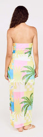 Back view of a Palm Print Mesh Strapless Midi Dress with colorful palm leaves and checkerboard pattern.