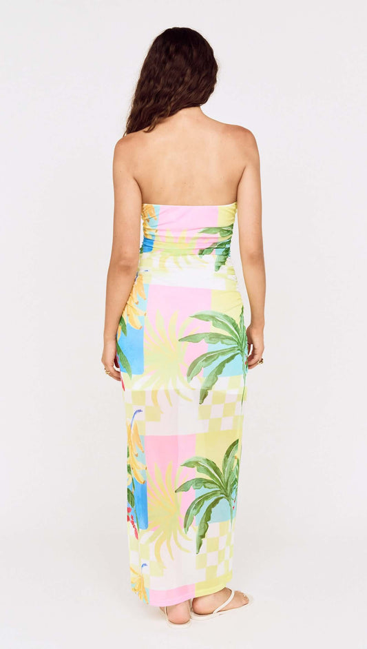 Back view of a Palm Print Mesh Strapless Midi Dress with colorful palm leaves and checkerboard pattern.