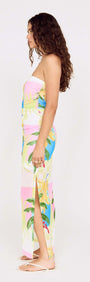 Model wearing a Palm Print Mesh Strapless Midi Dress in a vibrant tropical design from the side.