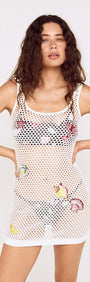 White Crochet Mini Dress with Embroidered Shellfish worn by a model showcasing unique shellfish designs.