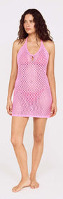 Baby Pink Crochet Mini Dress with Halter Neck, stylish summer outfit featuring a halter neck and crochet design.