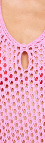 Close-up of a Baby Pink Crochet Mini Dress with Halter Neck showcasing its intricate crochet design.