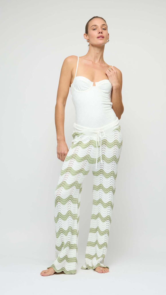 Jayden Crochet Wave Pant - Green & White Striped - MINKPINK