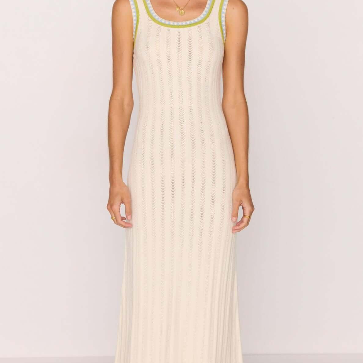 Knit Midi Dress in White with Contrast Green Trim – MINKPINK