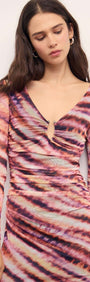 Pink & Purple Striped Mesh Midi Dress featuring a plunging V-neckline and ruched detail, vibrant abstract print