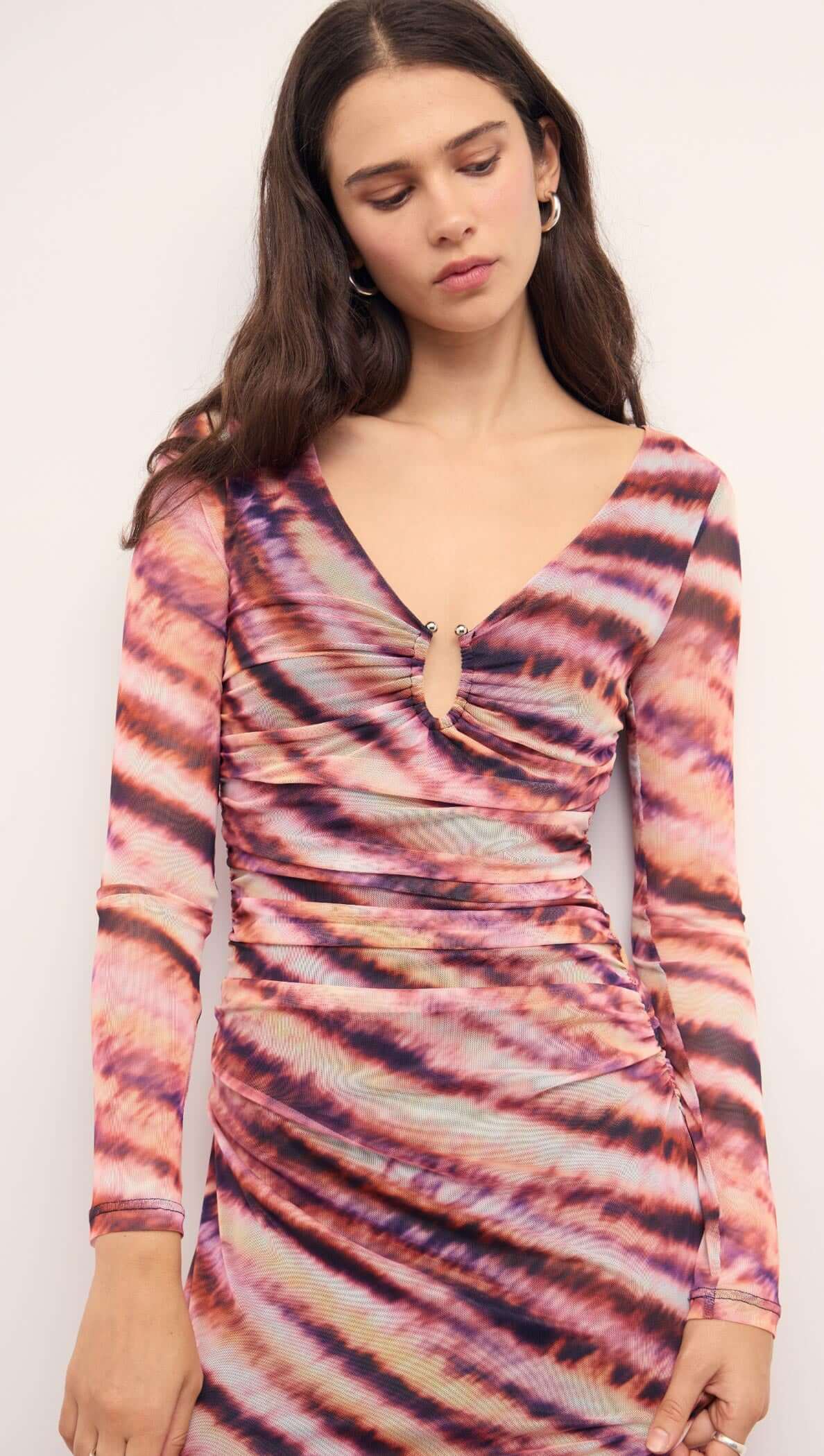 Pink &amp; Purple Striped Mesh Midi Dress featuring a plunging V-neckline and ruched detail, vibrant abstract print