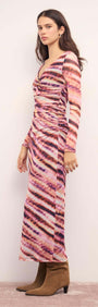 Pink & Purple Striped Mesh Midi Dress shown in a side view on a model, featuring a plunging neckline and long sleeves.