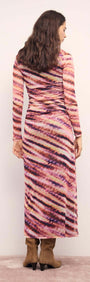 Back view of the Pink & Purple Striped Mesh Midi Dress featuring a ruched design and long sleeves, perfect for stylish occasions.