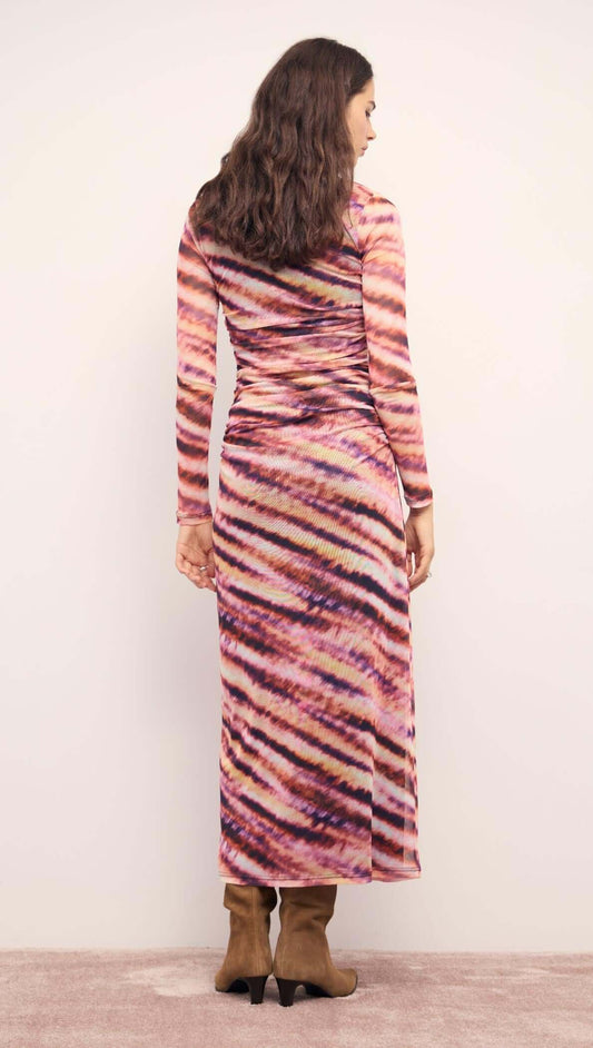 Back view of the Pink & Purple Striped Mesh Midi Dress featuring a ruched design and long sleeves, perfect for stylish occasions.