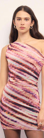 Model wearing a Pink & Purple Striped Mesh Mini Dress with an asymmetric neckline and ruched side detailing.