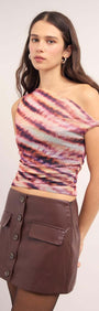 Model wearing a Pink & Purple Striped Mesh Top paired with a brown leather mini skirt.