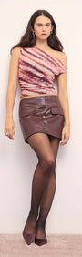 Model wearing a Pink & Purple Striped Mesh Top with a brown skirt and tights, showcasing a stylish look.