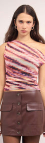 Model wearing a Pink & Purple Striped Mesh Top with asymmetric one-shoulder cut and ruched sides, paired with a brown mini skirt.
