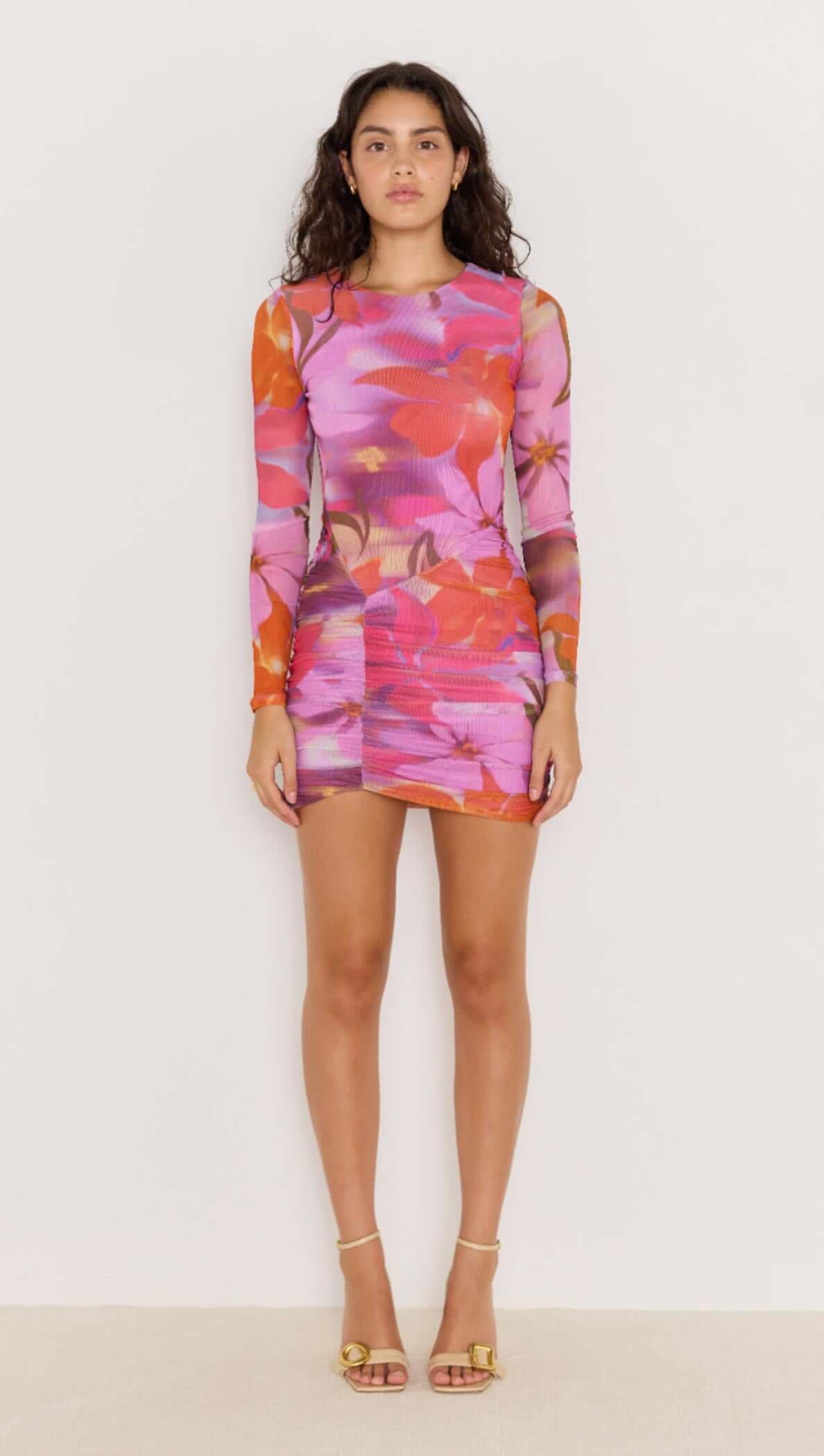 Sierra Mesh Mini Dress with multicolour abstract floral print, long sleeves, bodycon silhouette, and ruched side detailing.
