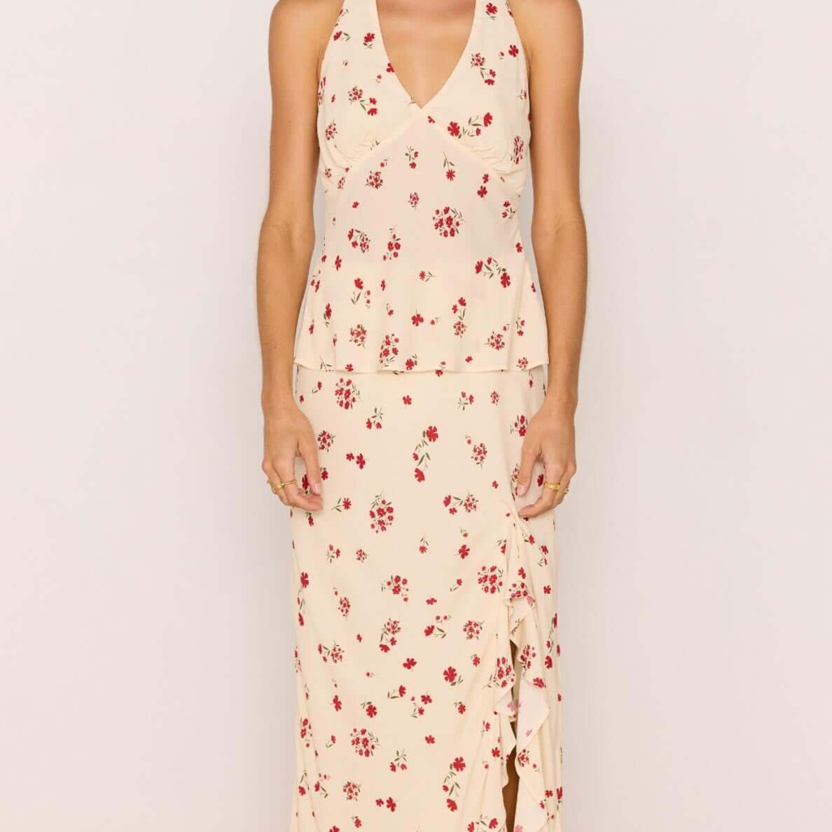 Red & Cream Floral Ruffle Bias Maxi Skirt in a flowing design with feminine ruffles and vintage floral print.