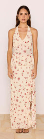 Red & Cream Floral Ruffle Bias Maxi Skirt in a flowing design with feminine ruffles and vintage floral print.