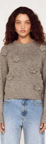 Round Neck Grey Floral Applique Jumper featuring floral appliqué and pearl accents, styled with denim.