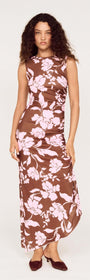 Sleeveless Pink Floral Mesh Midi Dress displayed on a model, featuring oversized floral print and fitted silhouette.