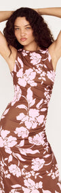 Sleeveless Pink Floral Mesh Midi Dress displayed on model, featuring oversized floral print and fitted silhouette.