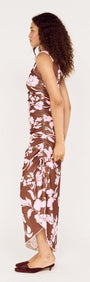 Sleeveless Pink Floral Mesh Midi Dress side view showcasing the fitted silhouette and floral print design.