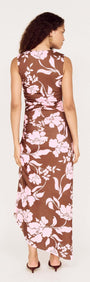 Sleeveless Pink Floral Mesh Midi Dress displayed from the back, showcasing its floral print and asymmetrical hemline.