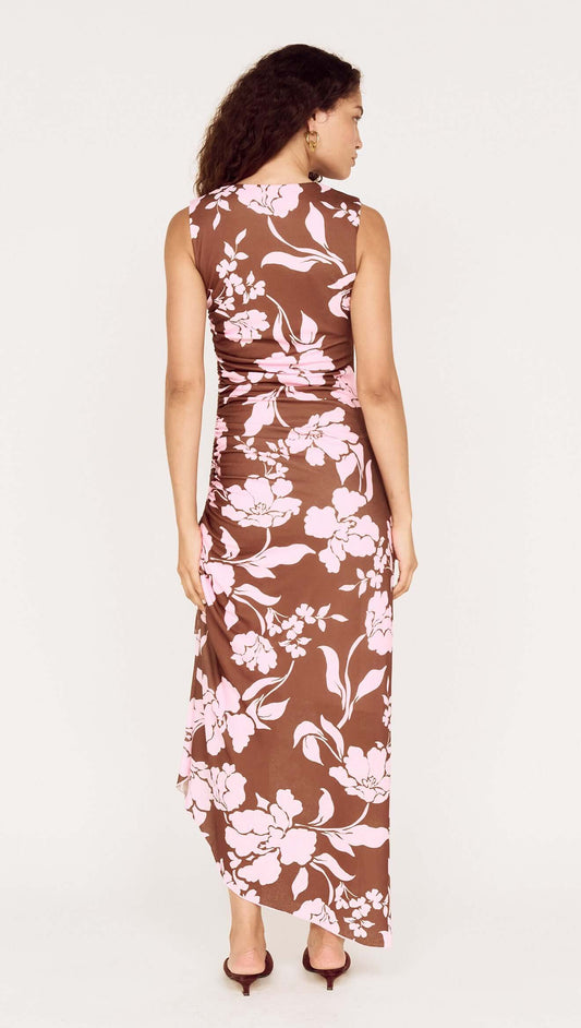 Sleeveless Pink Floral Mesh Midi Dress displayed from the back, showcasing its floral print and asymmetrical hemline.