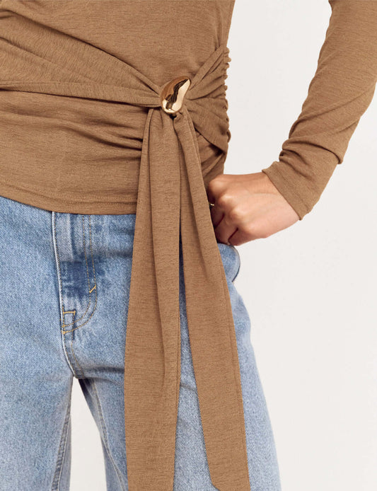 Coffee Off Shoulder Mesh Top with Tie Detail