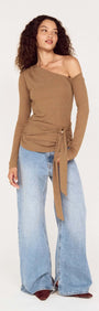 Coffee Off Shoulder Mesh Top with Tie Detail displayed on a model, featuring a modern design in a soft, stylish fabric.