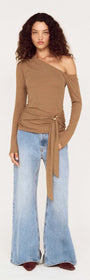 Coffee Off Shoulder Mesh Top with Tie Detail displayed on model wearing wide-leg jeans.
