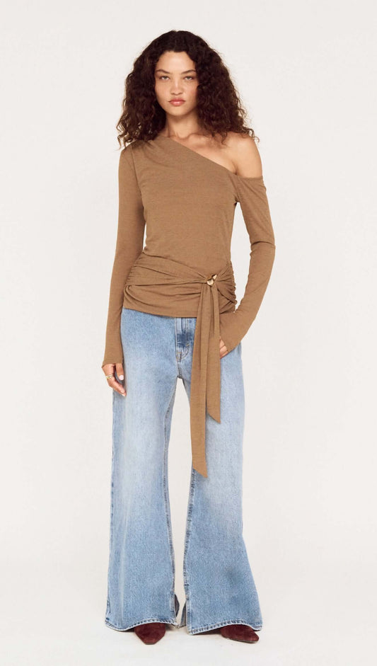Coffee Off Shoulder Mesh Top with Tie Detail displayed on model wearing wide-leg jeans.