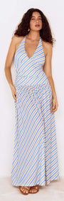 Blue Stripe Halter Neck Midi Dress on a model with flowing hair, showcasing a stylish summer look.
