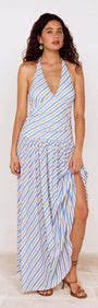 Blue Stripe Halter Neck Midi Dress showcased by a model, featuring a stylish design and a high slit for elegance.