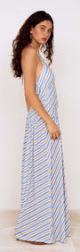 Blue Stripe Halter Neck Midi Dress featuring a side view of the model showcasing the stylish design.