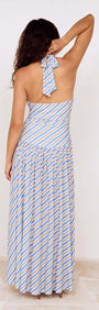 Back view of a woman wearing a Blue Stripe Halter Neck Midi Dress with a tied halter neck.