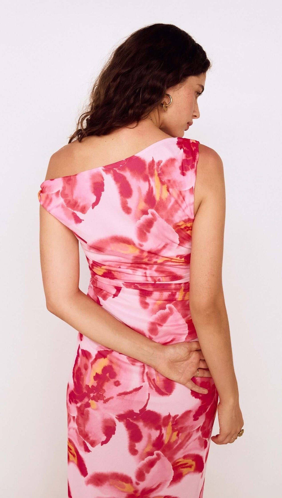 Pink Floral Off-Shoulder Mesh Midi Dress featuring a back view with vibrant floral patterns and elegant silhouette.