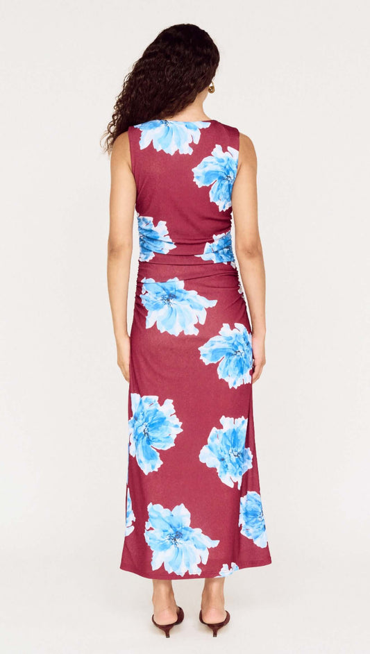 Blue Floral Print Sleeveless Mesh Midi Dress