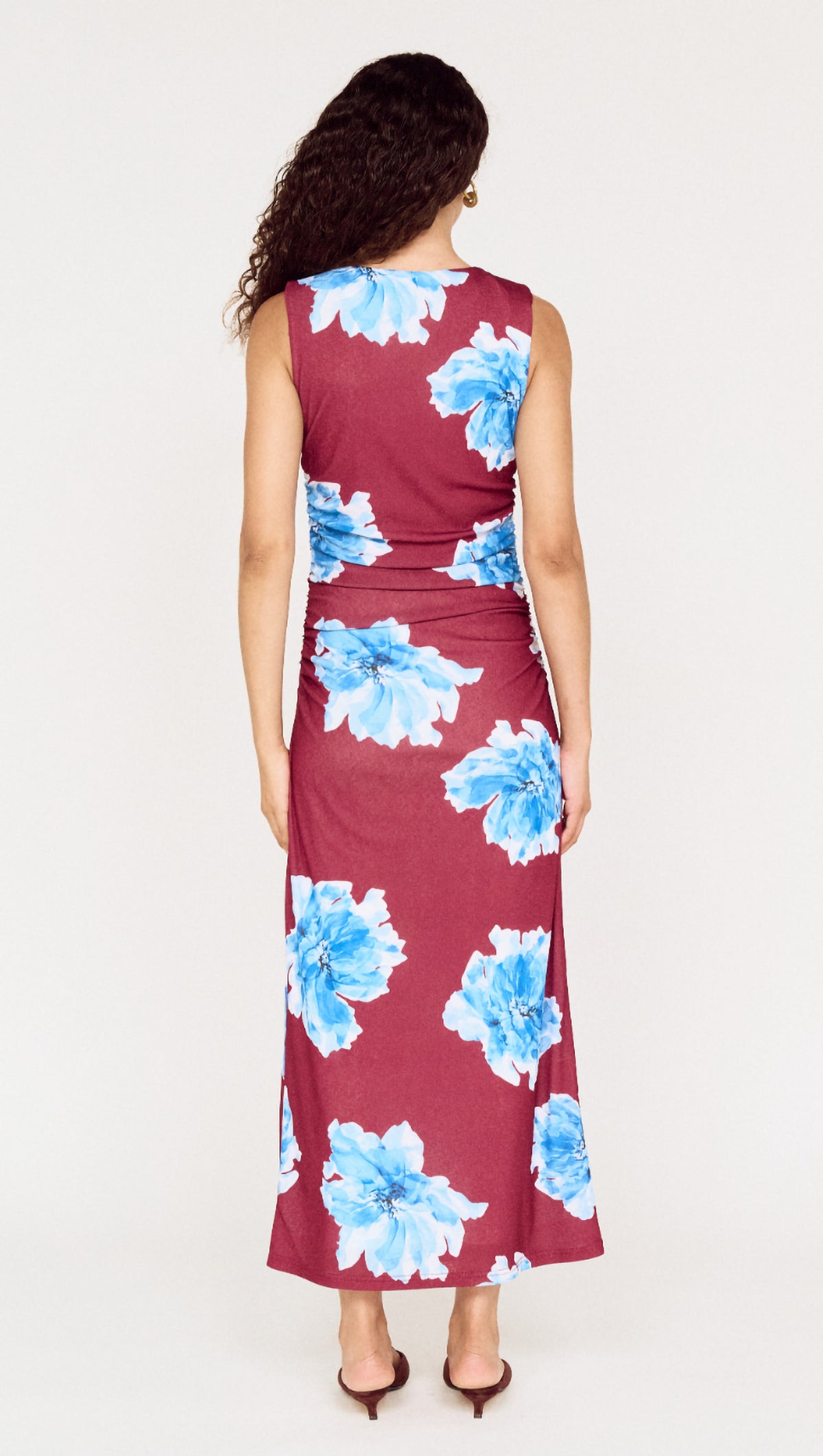 Blue Floral Print Sleeveless Mesh Midi Dress