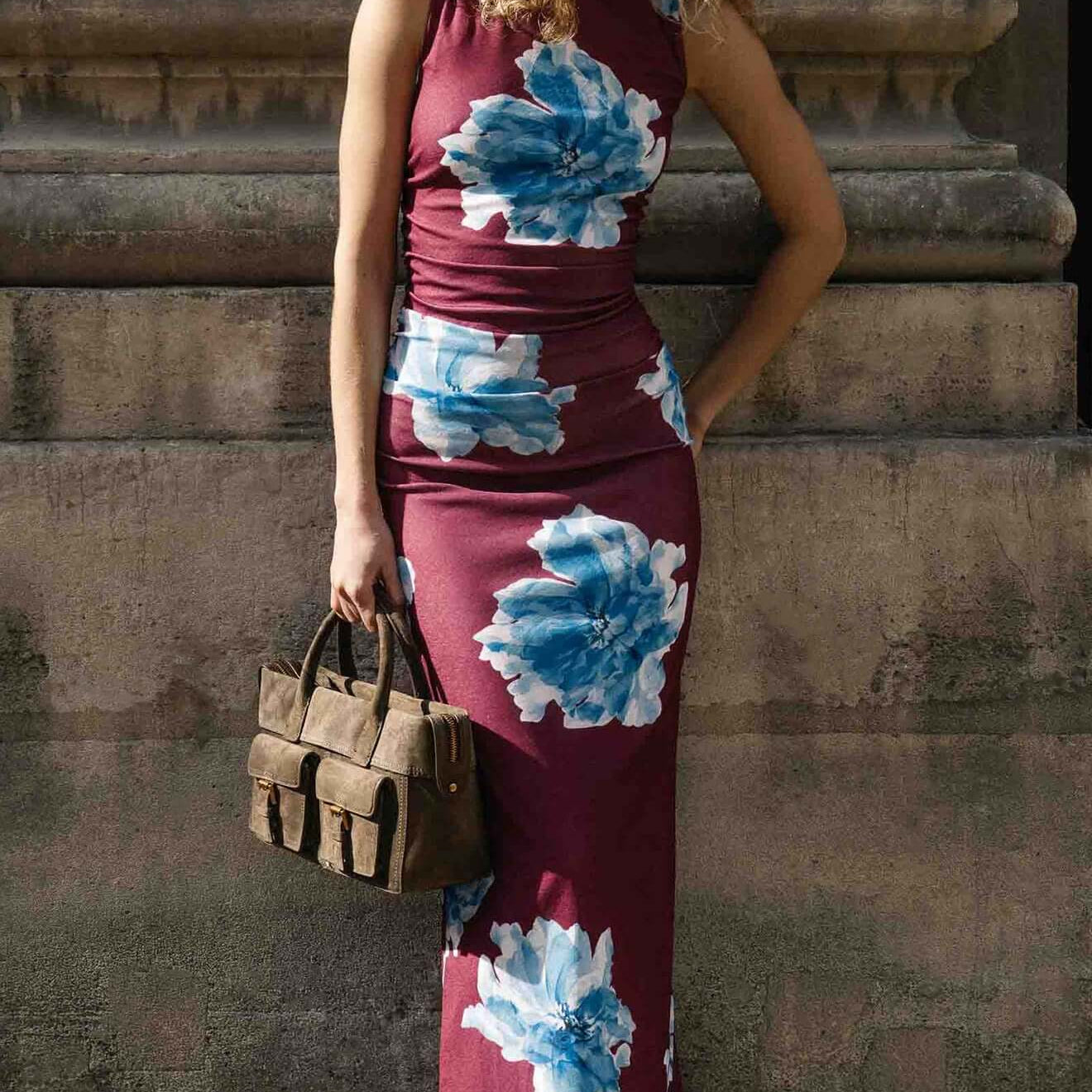 Blue Floral Print Sleeveless Mesh Midi Dress