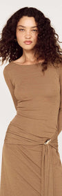 Long Sleeve Mesh Midi Dress with Tie Waist Detail modeled by a woman with curly hair in a neutral tone.
