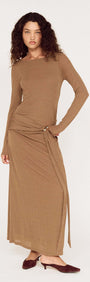 Model wearing a Long Sleeve Mesh Midi Dress with Tie Waist Detail in a warm brown tone, showcasing its elegant design.